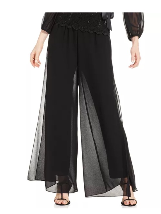 Alex Evenings Pants - Alex Evenings Black Chiffon Sheer Wide-Leg Overlay Pull On Flowy Dressy Pants M